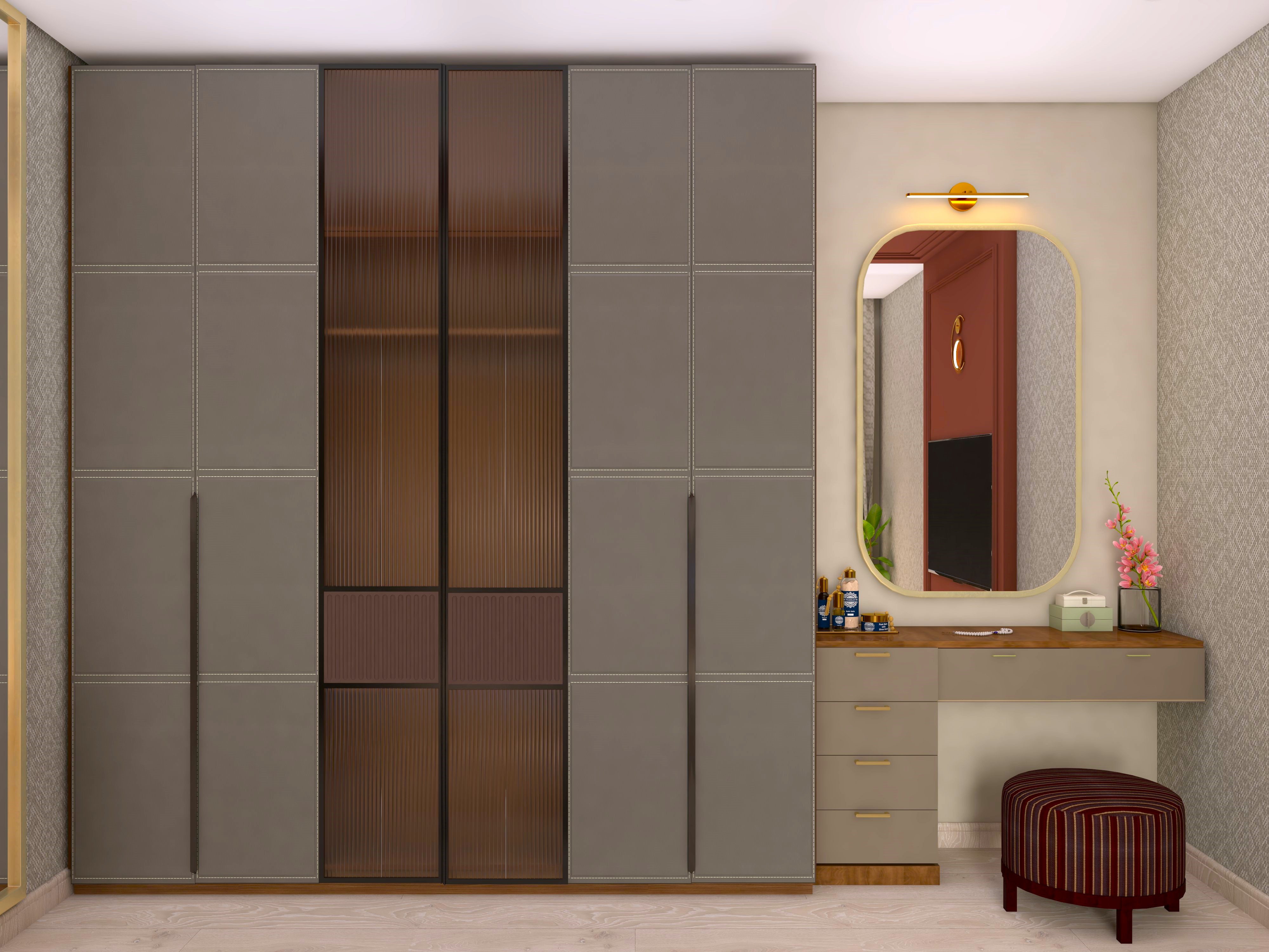 Master bedroom wardrobe with leather finish and dressing table - Beautiful Homes