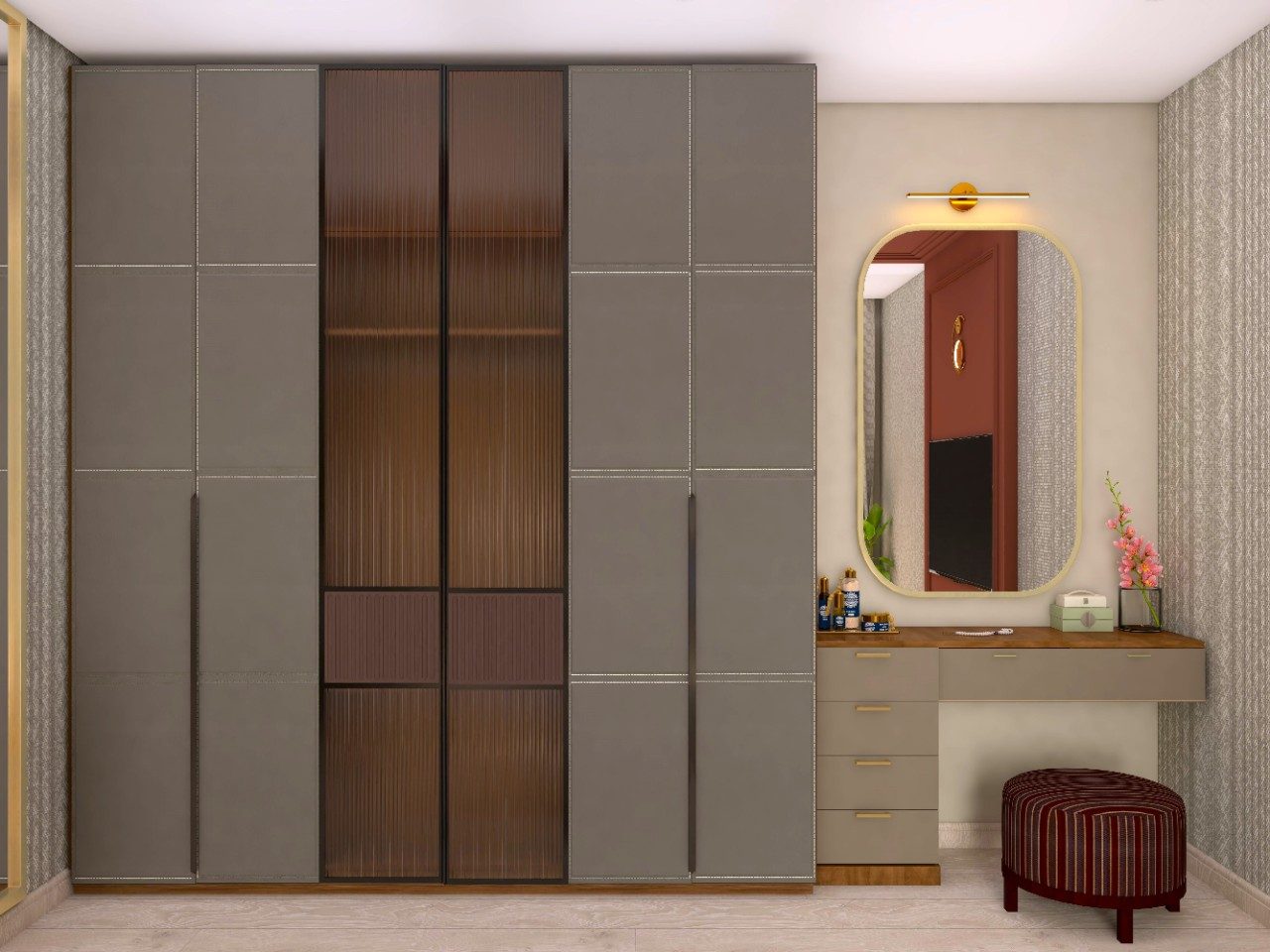 Master bedroom wardrobe with leather finish and dressing table - Beautiful Homes