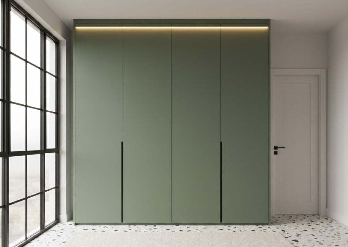 Green wardrobe with LED lighting and terrazzo floor - Beautiful Homes
