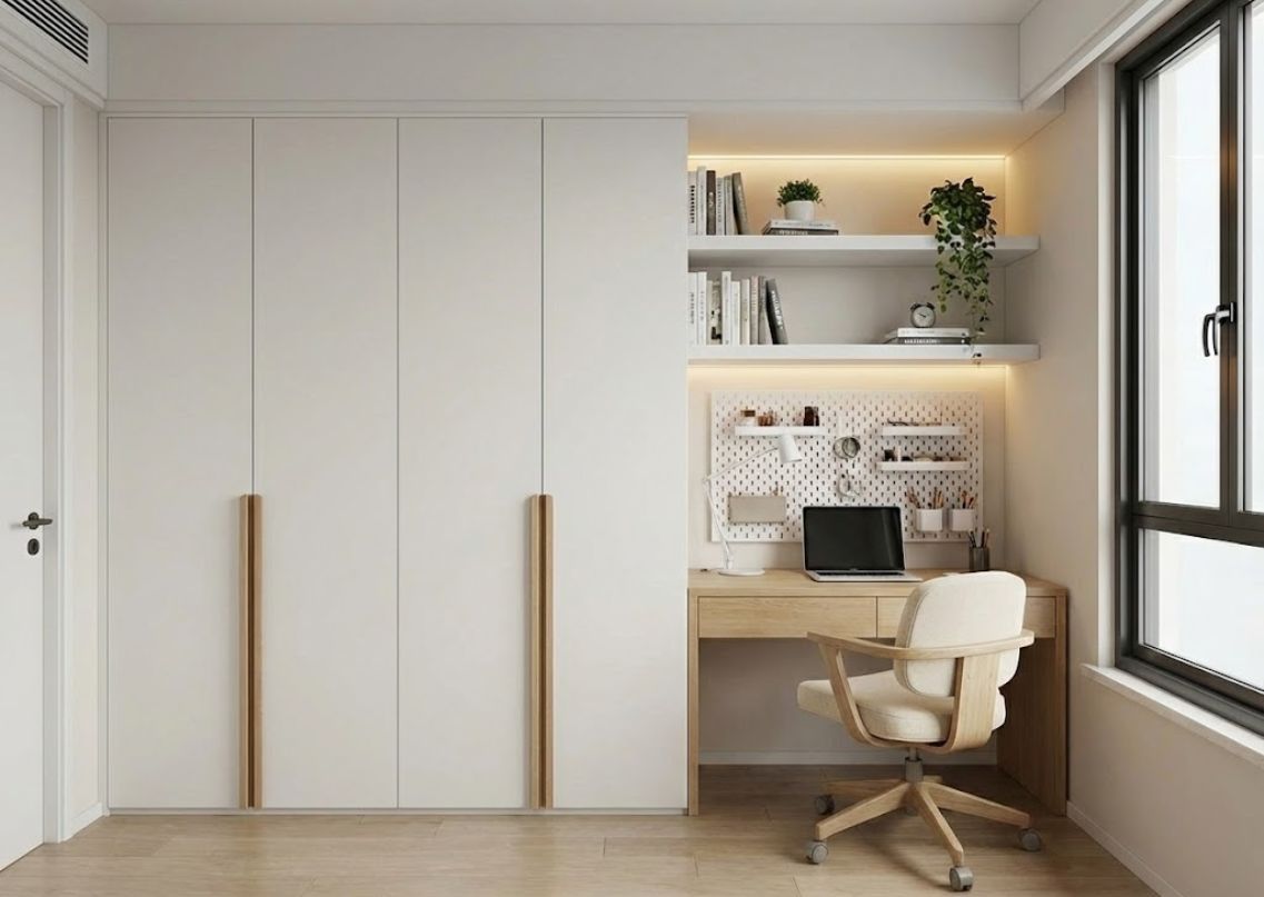Matte white and oak laminate wardrobe with integrated study table