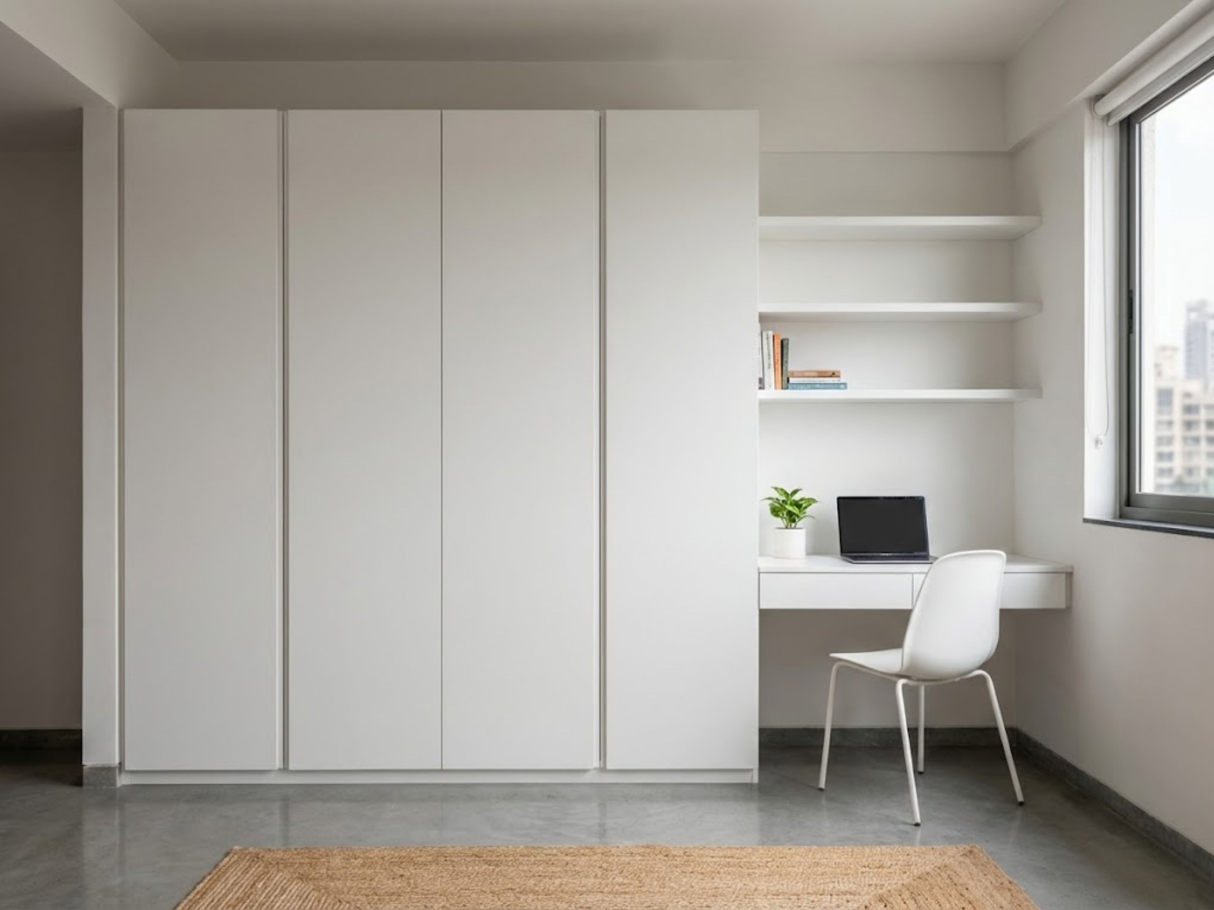 White wardrobe with study desk and wall shelves - Beautiful Homes