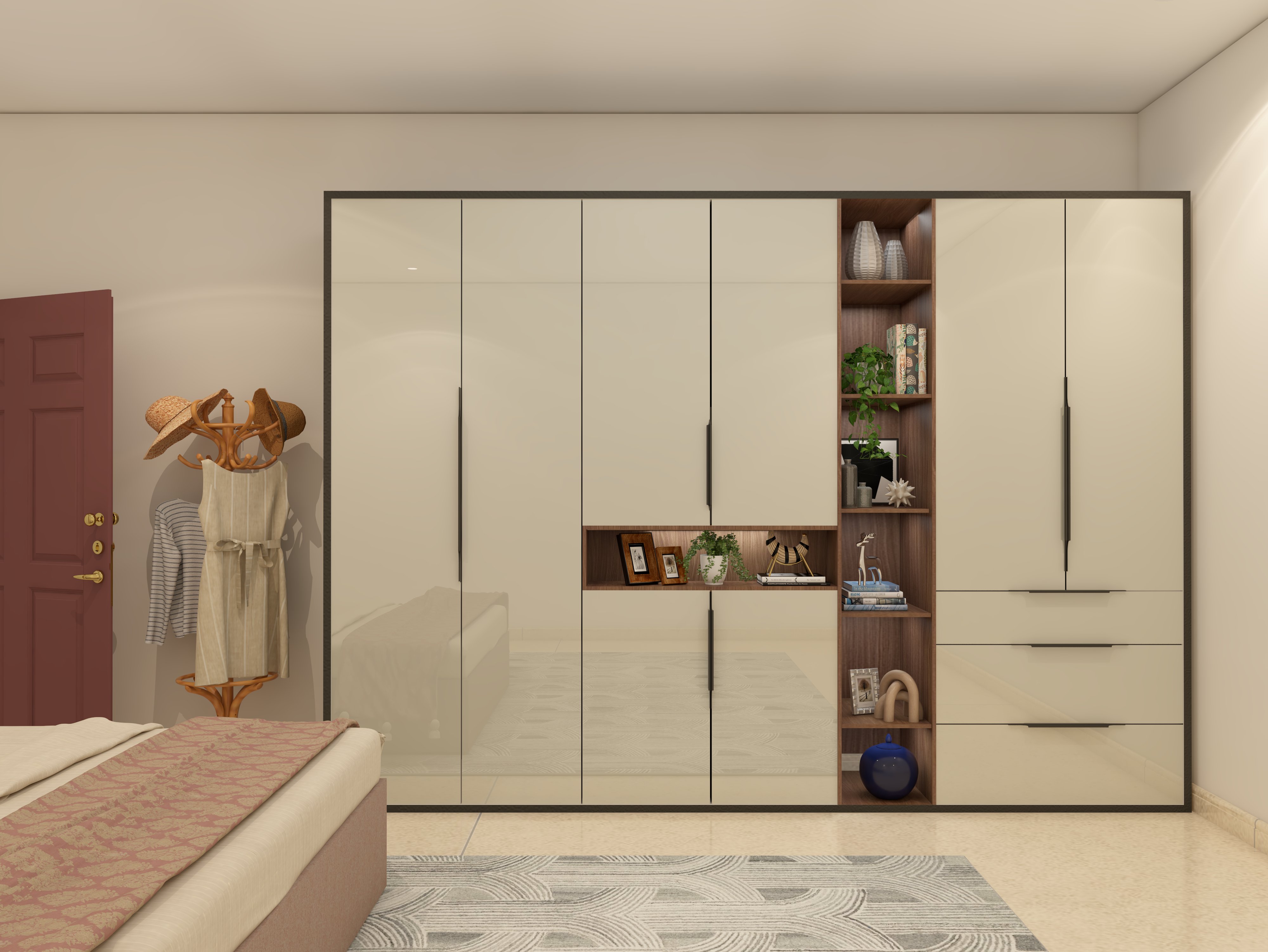 Minimal hinged wardrobe with white glossy laminate and integrated open shelves - Beautiful Homes