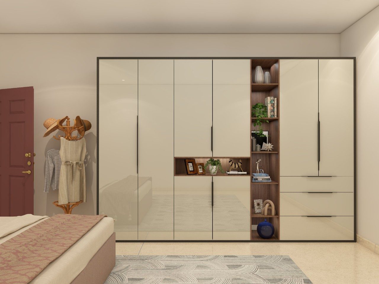 Minimal hinged wardrobe with white glossy laminate and integrated open shelves - Beautiful Homes