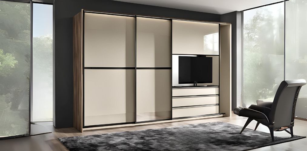 Minimalist cream sliding wardrobe with integrated TV unit - Beautiful Homes