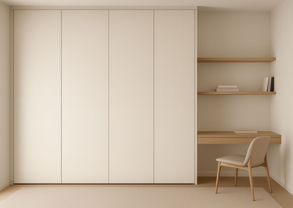 Beige wardrobe with desk and wooden shelves - Beautiful Homes