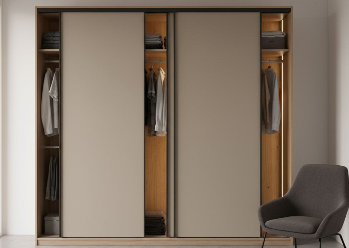 Beige wardrobe with sliding doors and wooden interior - Beautiful Homes