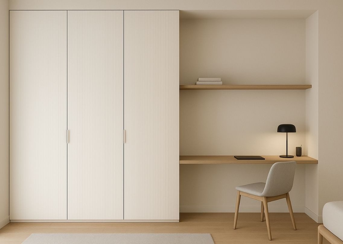Minimalist wardrobe with study table and shelves - Beautiful Homes
