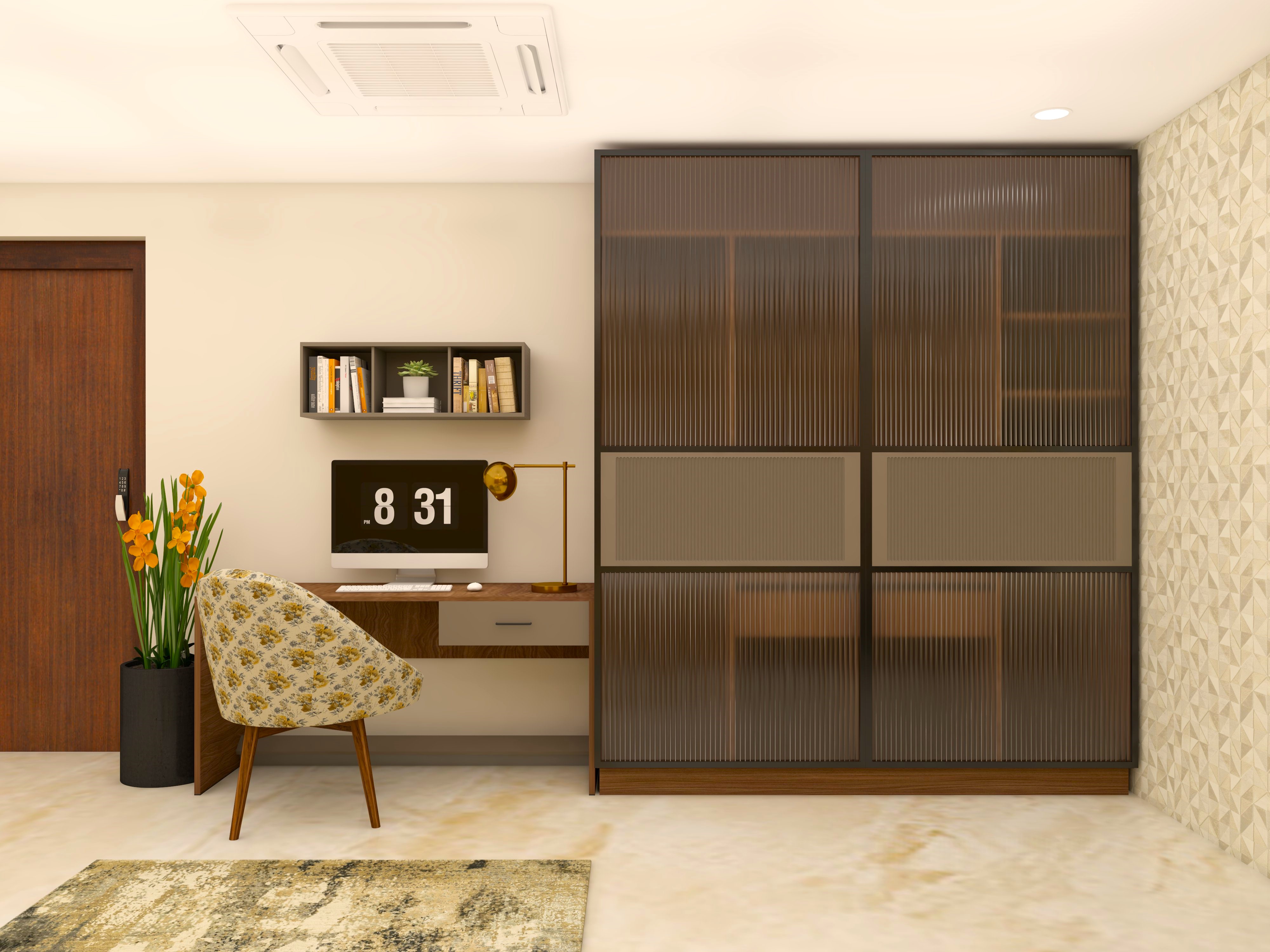 Modern black fluted glass wardrobe with study table and chair-Beautiful Homes