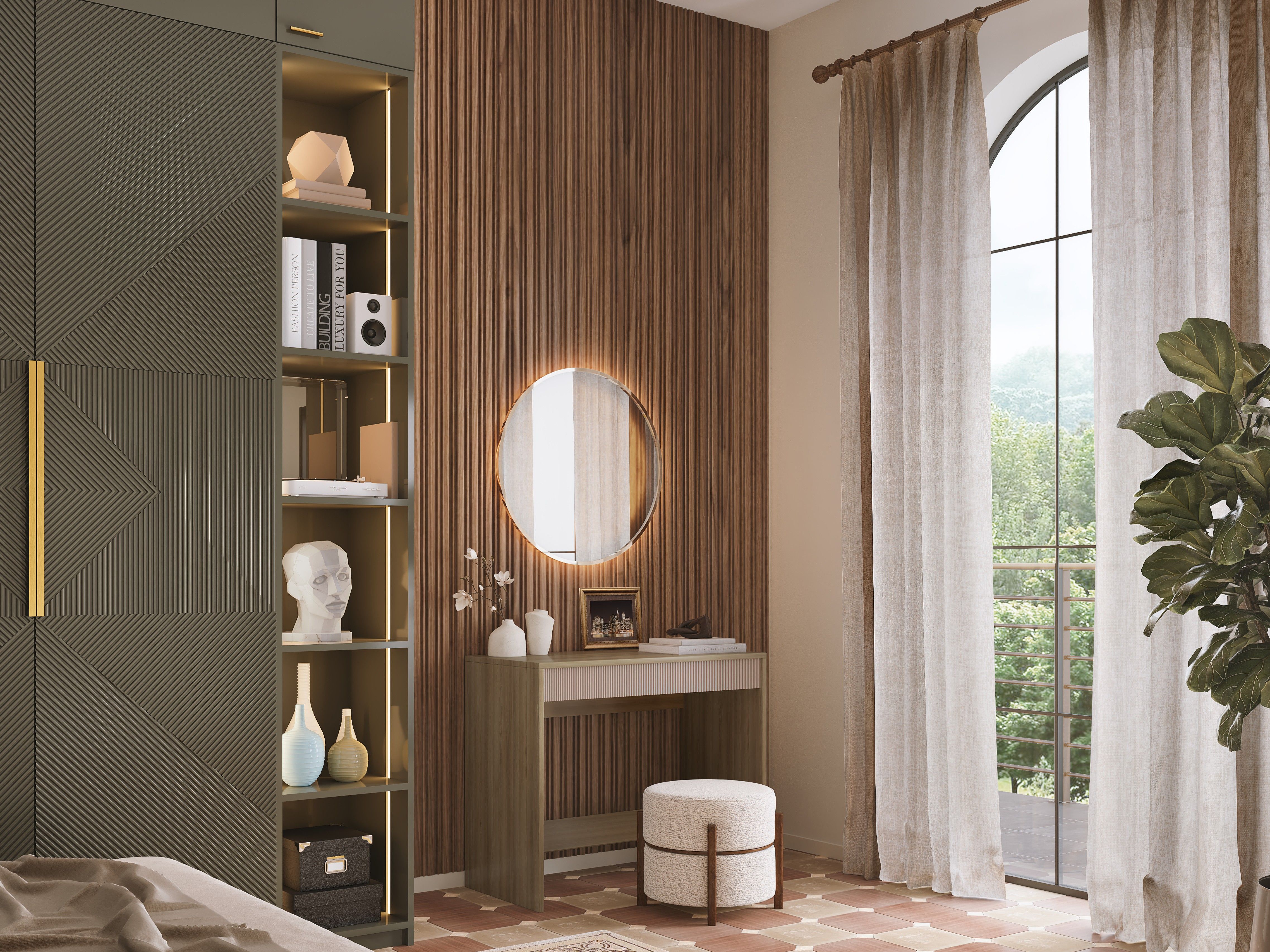 Stylish dressing area featuring a circular LED mirror, built-in shelves, and an arched window with greenery - Beautiful Homes