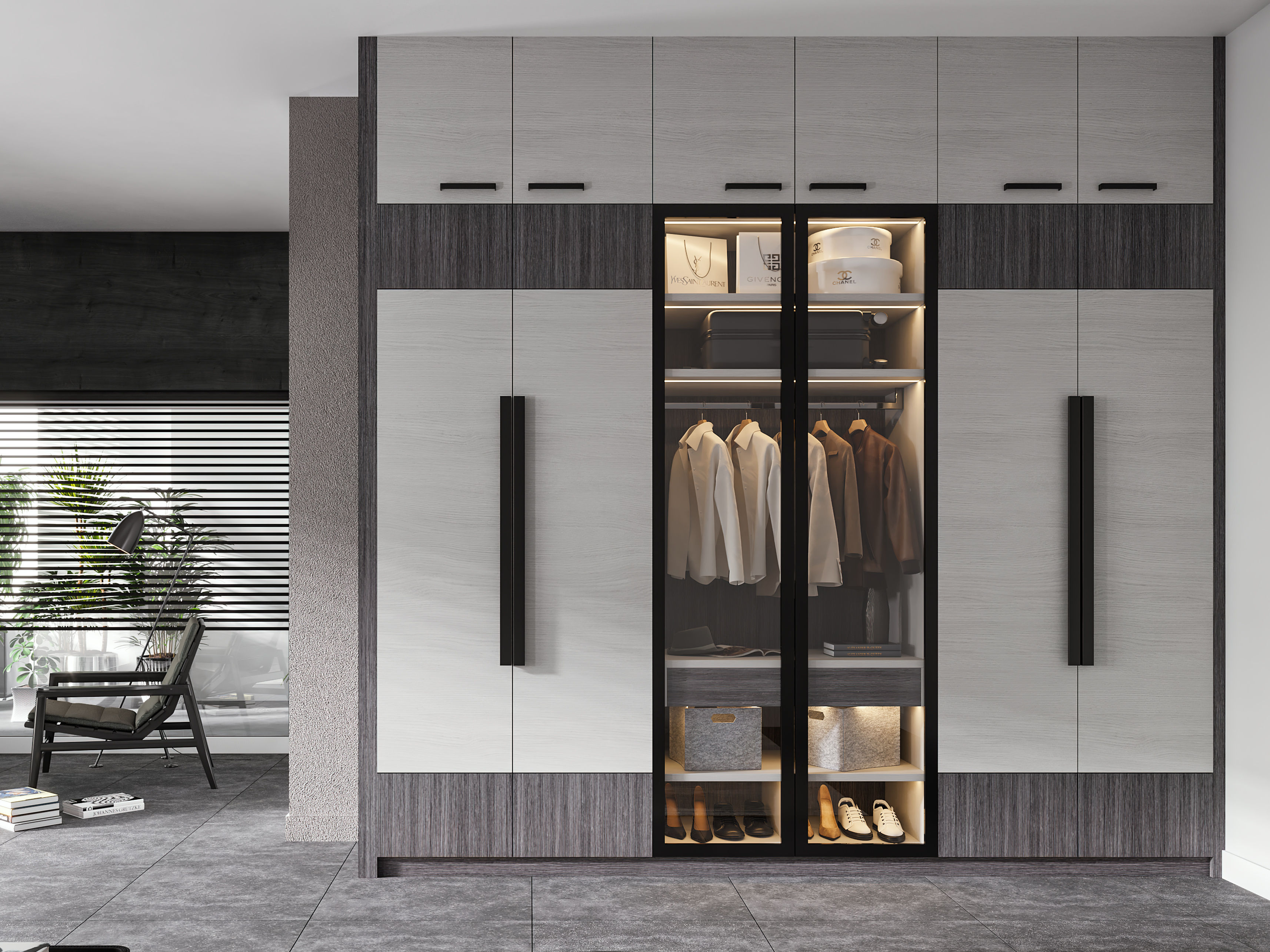 Contemporary wardrobe featuring illuminated glass sections, luxury items, and a cozy seating area - Beautiful Homes