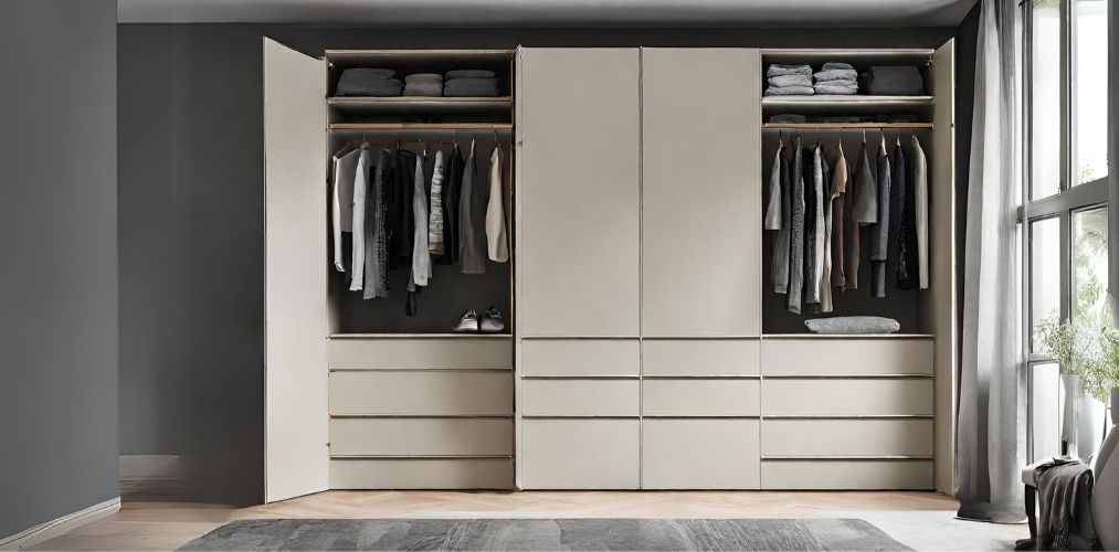 Modern cream wardrobe with bottom drawers and top shelf-Beautiful Homes