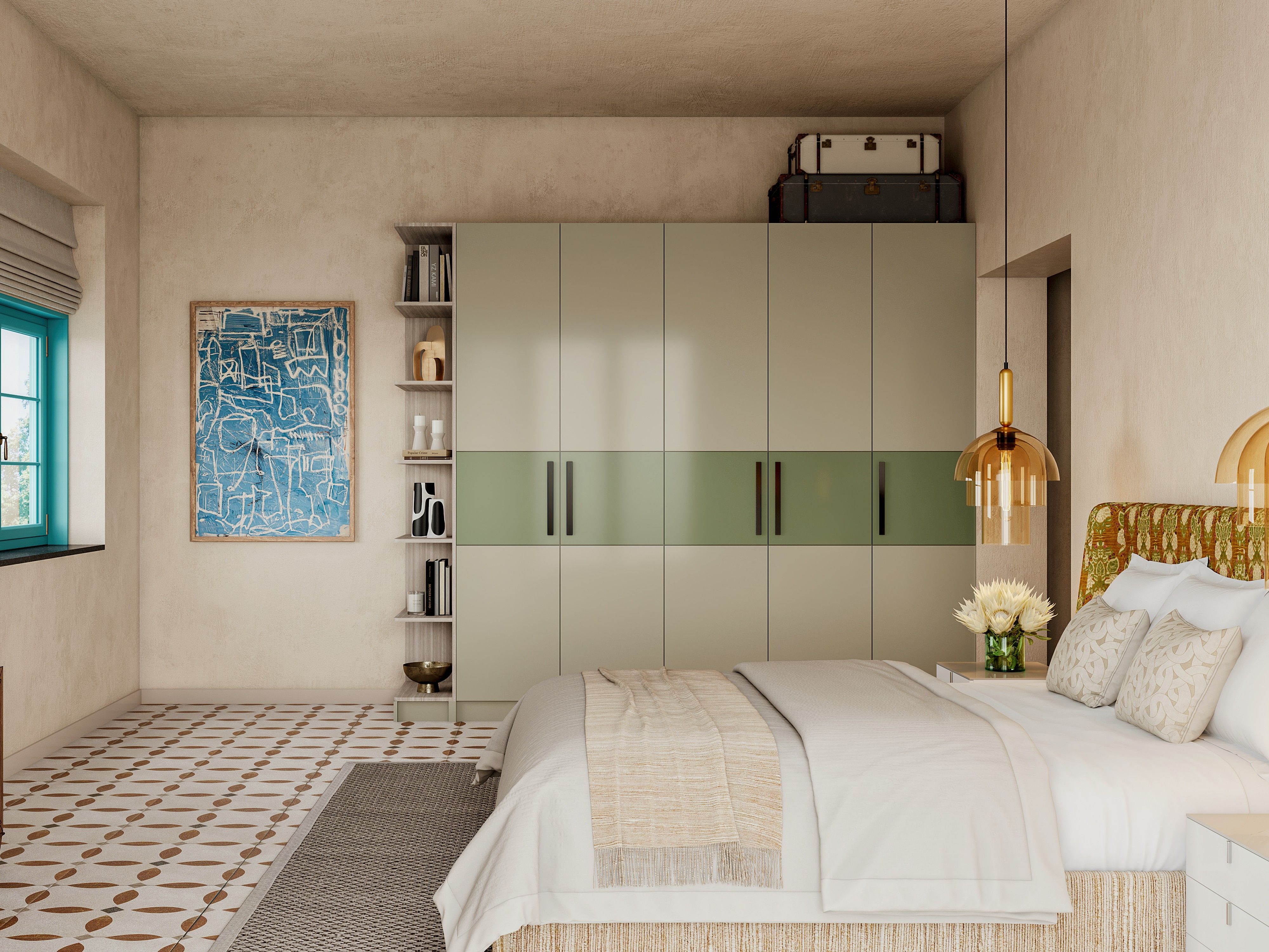 Modern bedroom with wardrobe and golden lighting - Beautiful Homes