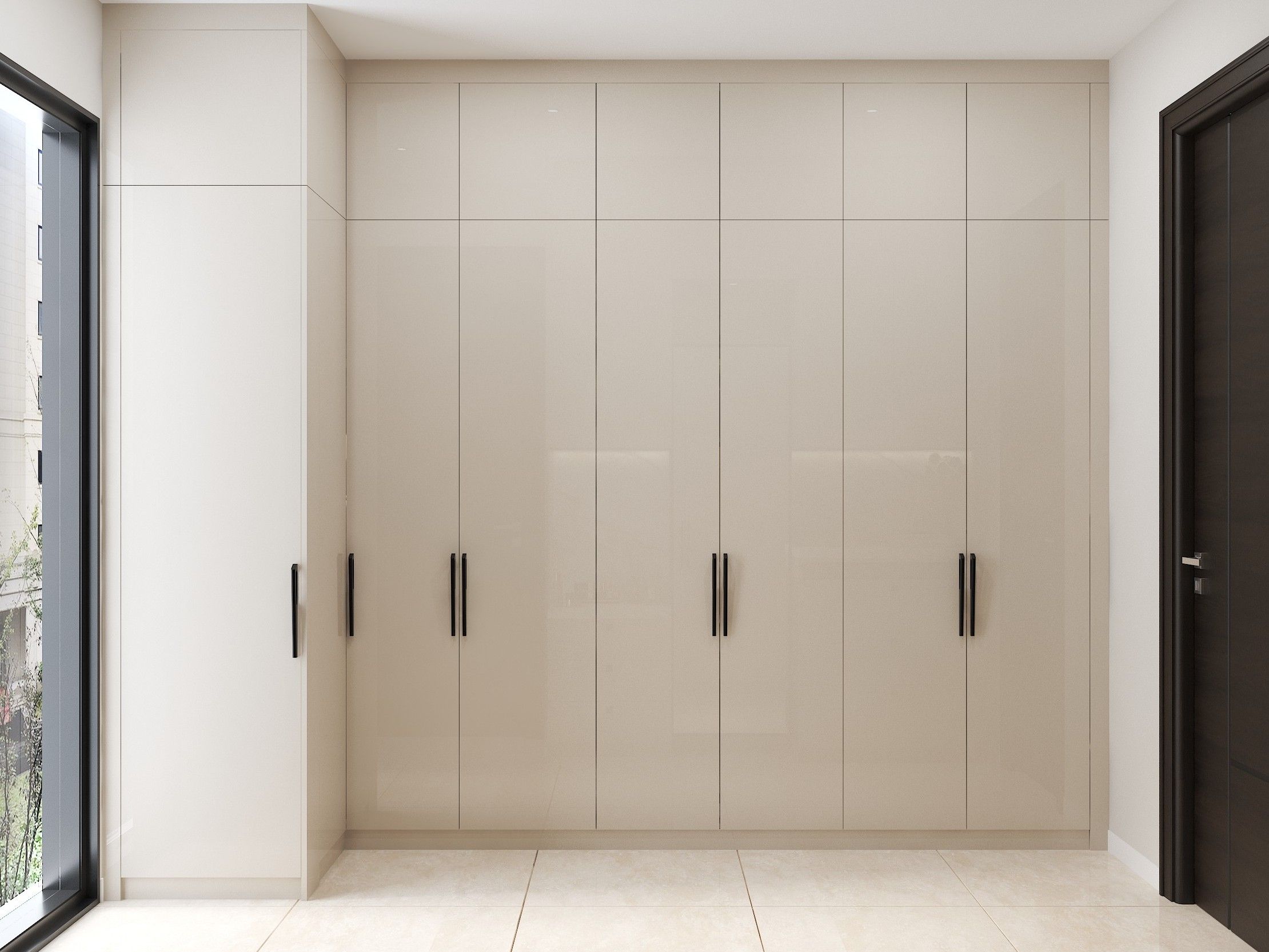 Beige modular wardrobe with glossy finish and black handles - Beautiful Homes