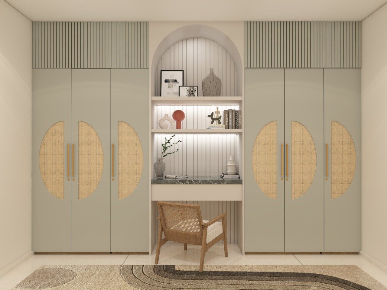 Modern grey swing wardrobes with study table in the center - Beautiful Homes