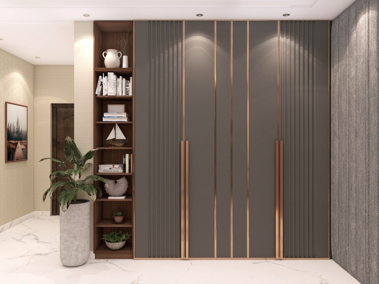 Modern grey wardrobe with metal inlay strips and integrated open storage - Beautiful Homes