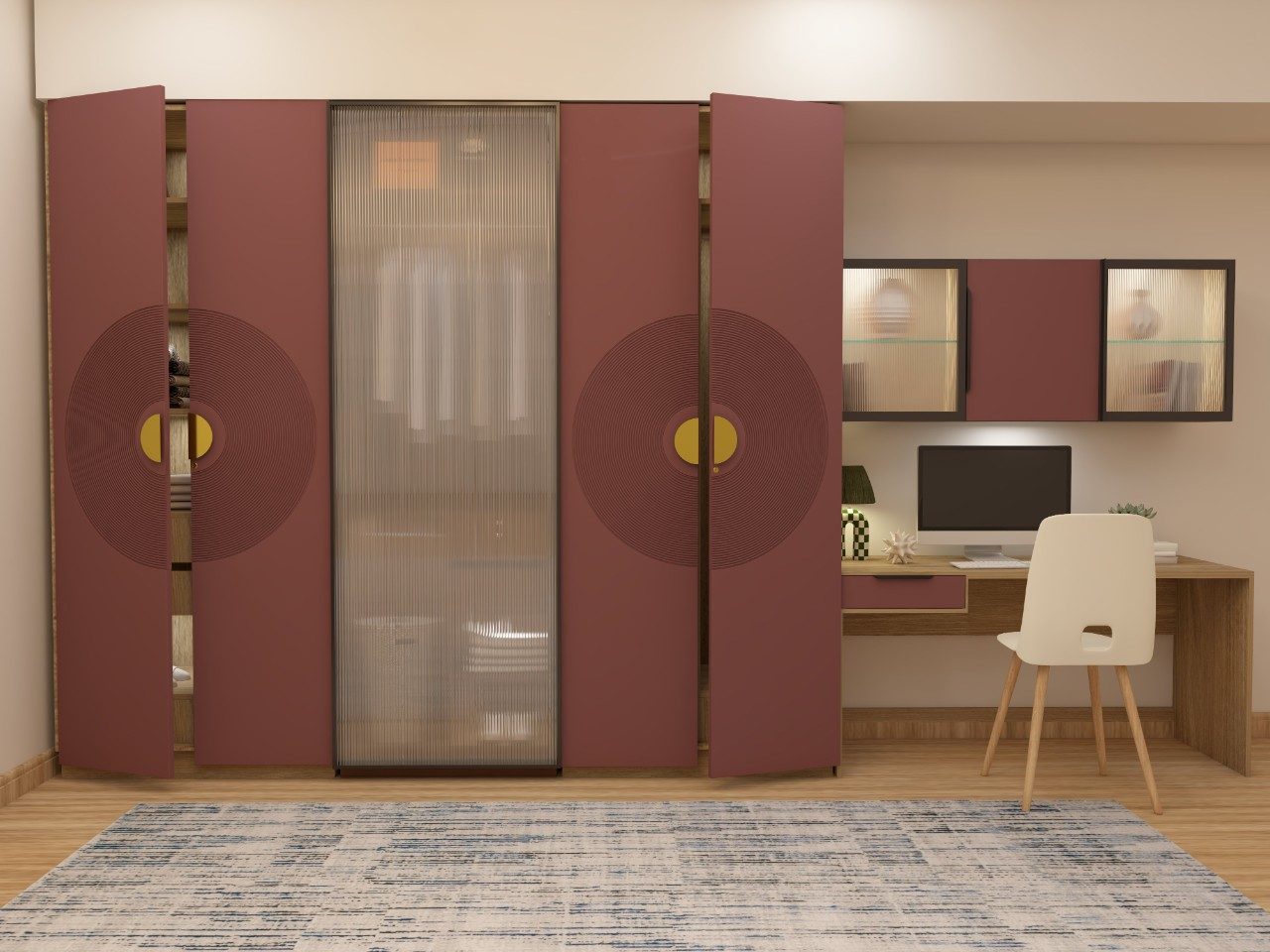 Modern hinged wardrobe in red with a wooden study table - Beautiful Homes