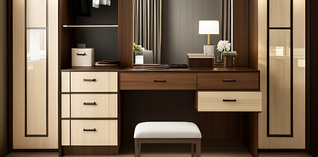 Wooden finish Indian wardrobe design with dressing table and seating stool-BeautifulHomes