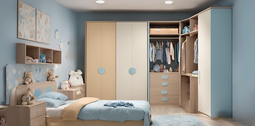 Modern irish cream and pastel blue wardrobe for kid's bedroom - Beautiful Homes