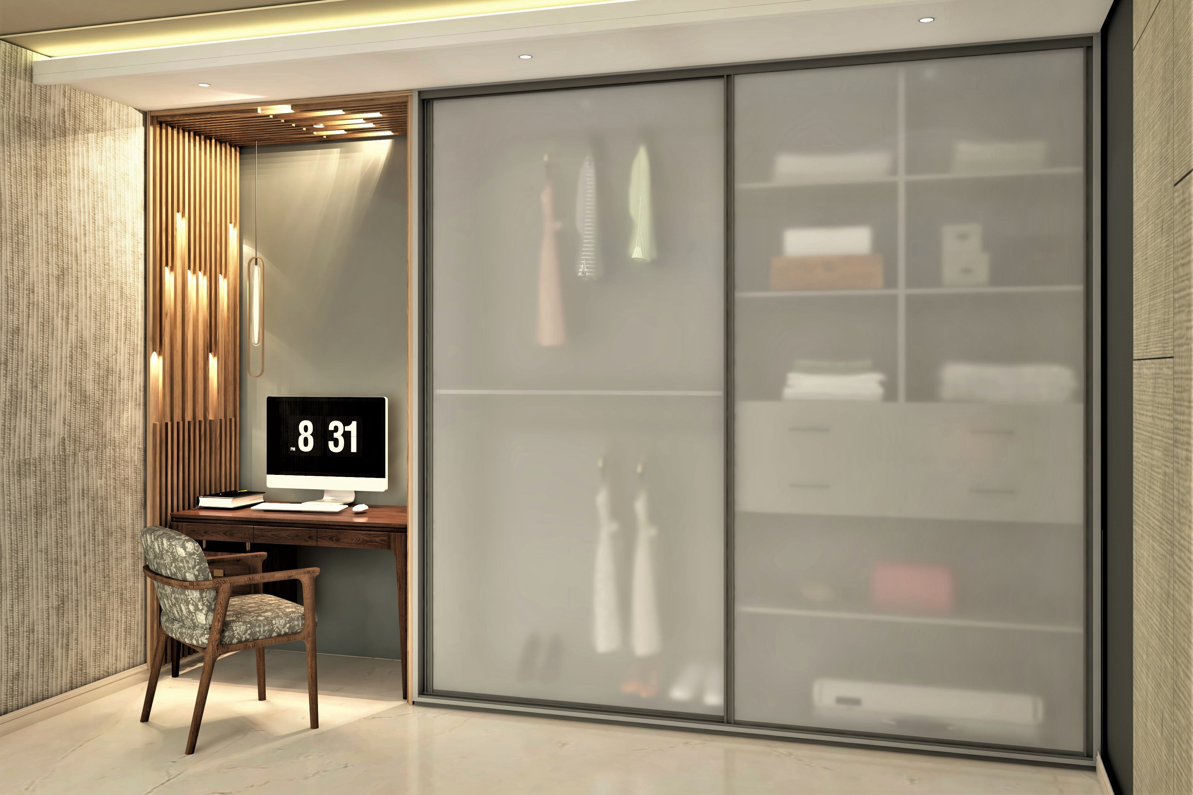 Frosted glass wardrobe with wooden study table-Beautiful Homes