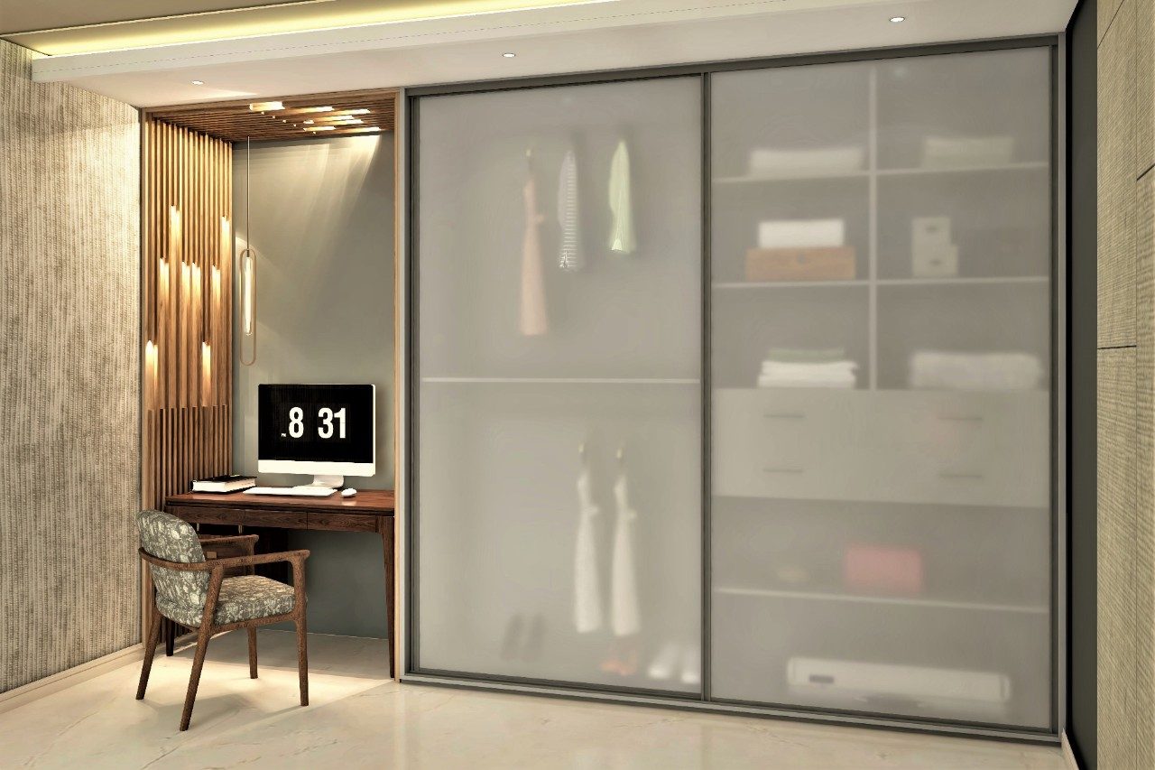 Frosted glass wardrobe with wooden study table-Beautiful Homes