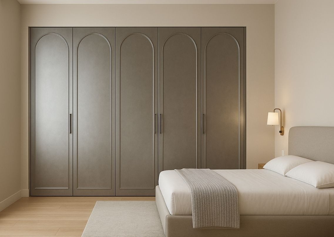 Modern bedroom with grey wardrobe and neutral décor - Beautiful Homes