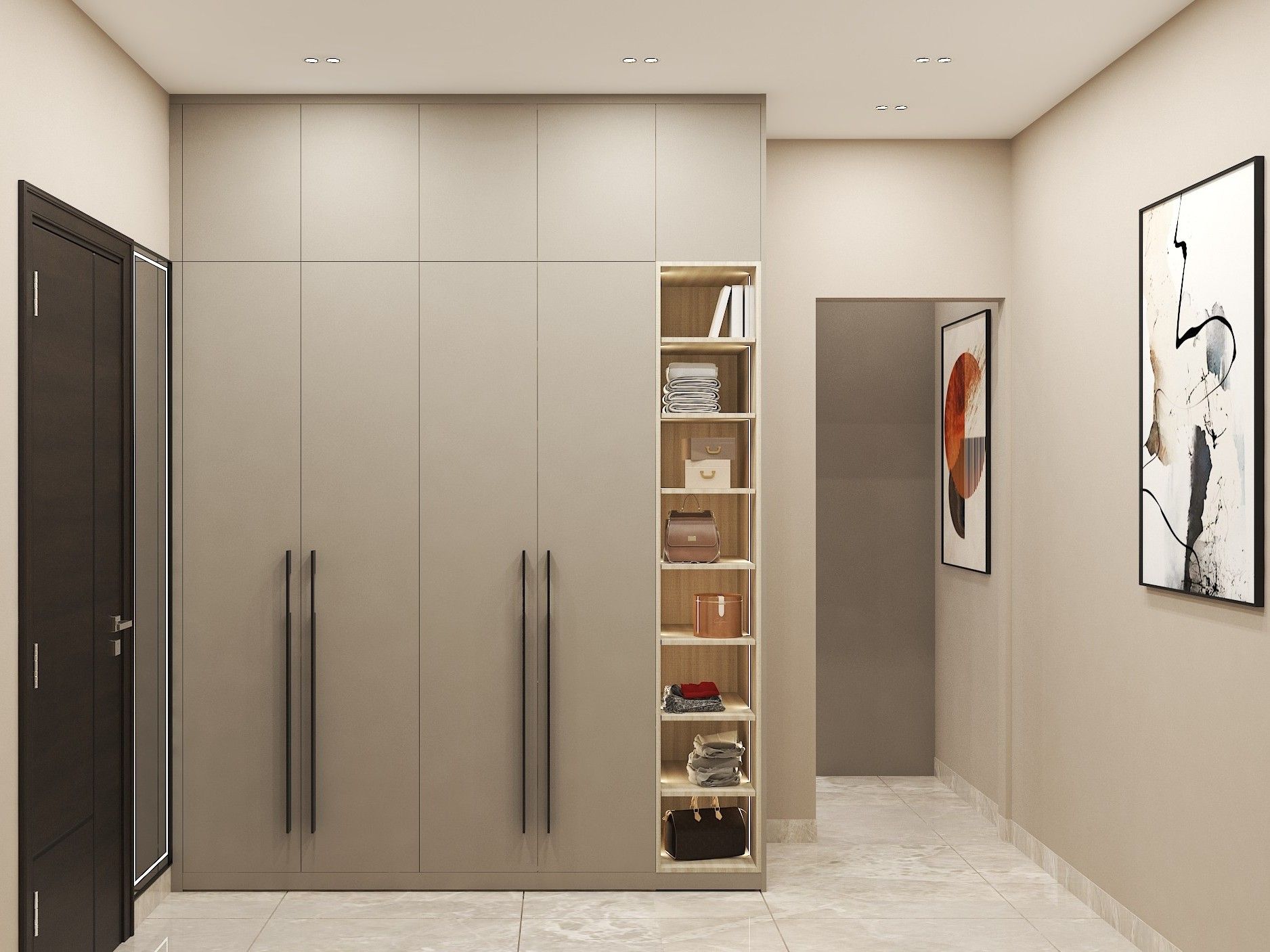 Neutral wardrobe with sleek handles and open shelves - Beautiful Homes