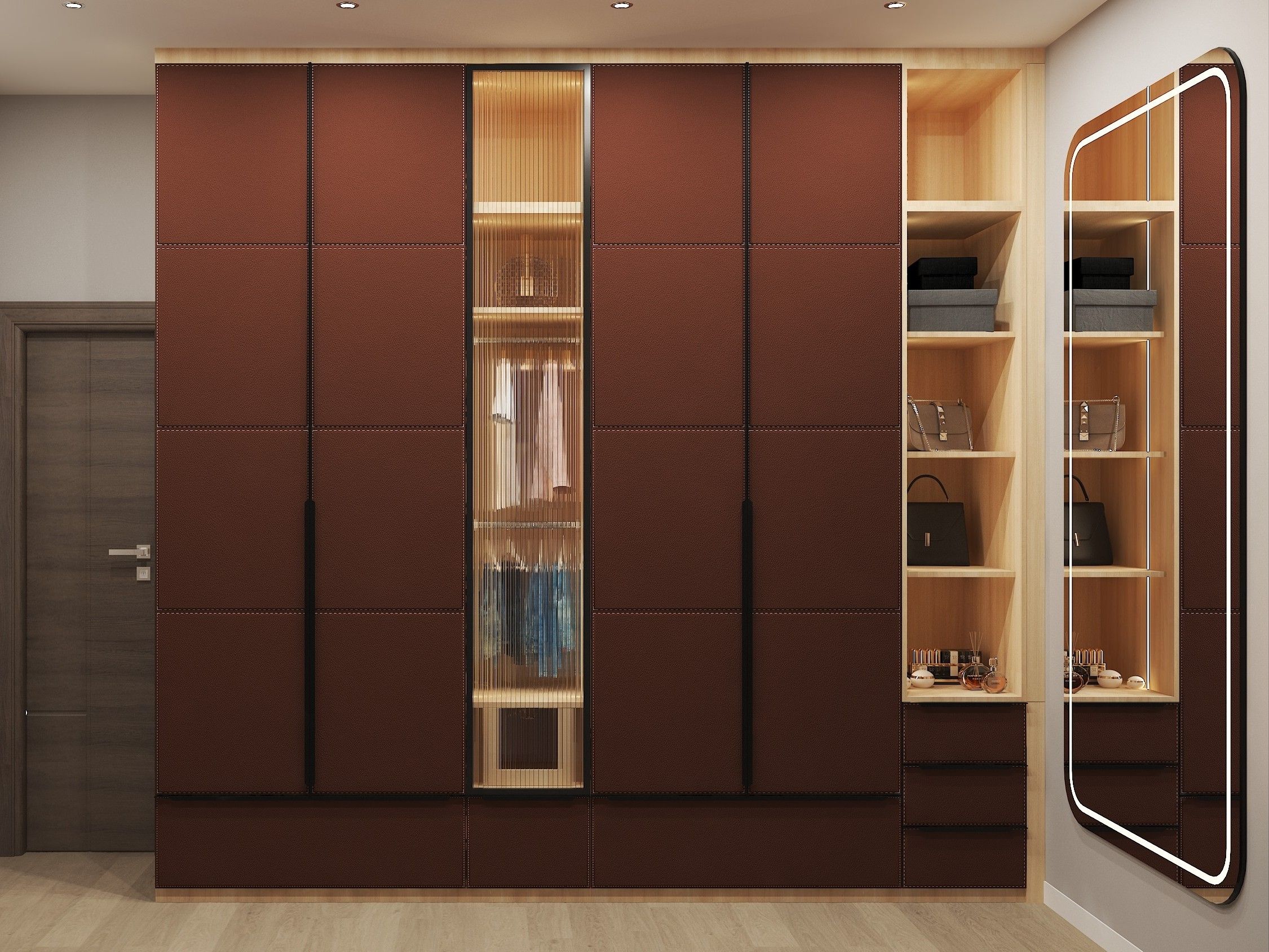 Brown wardrobe with sliding panels and mirror - Beautiful Homes