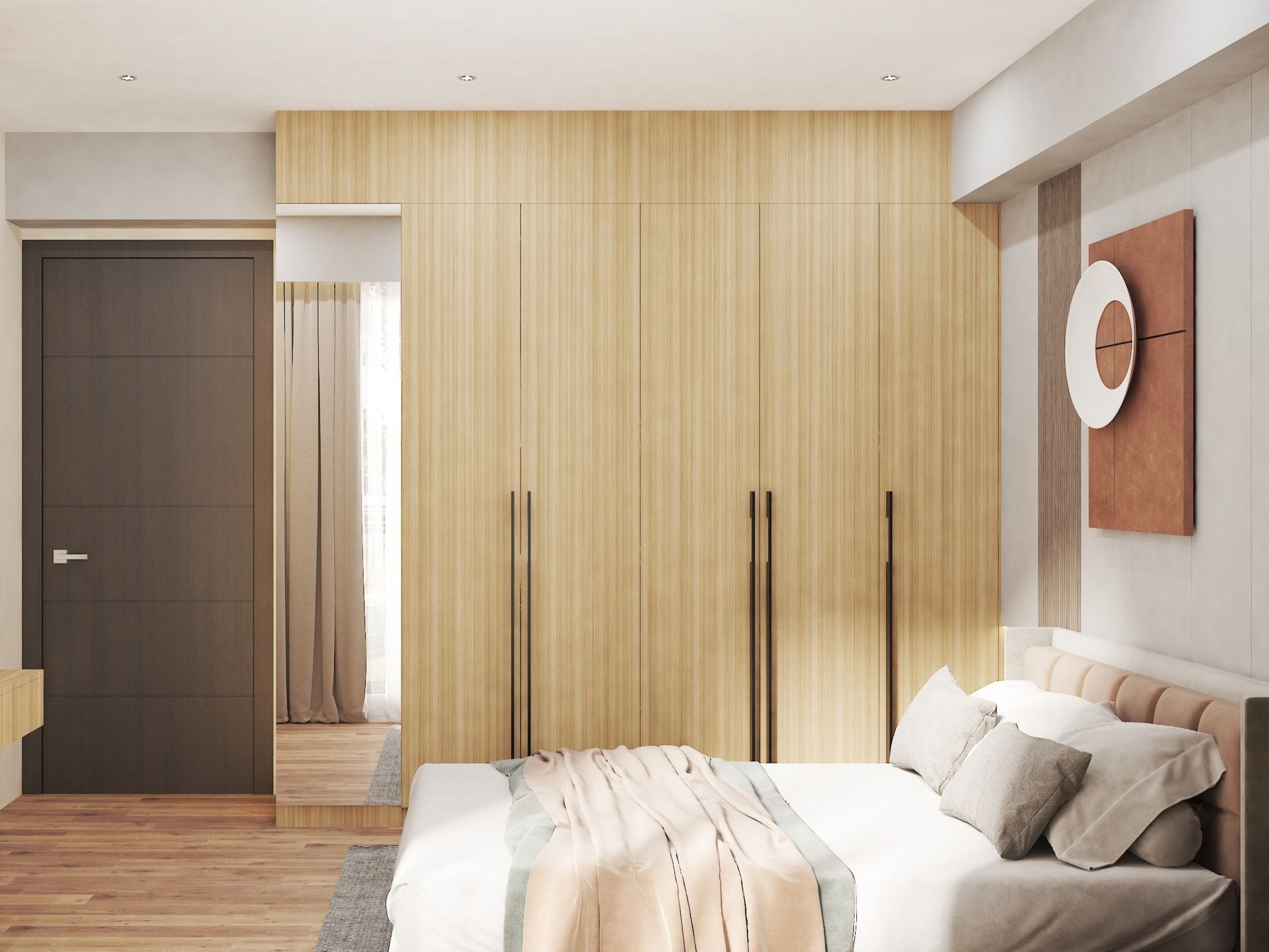 Full-height wooden wardrobe with vertical grain, integrated mirror, and minimalist handles - Beautiful Homes