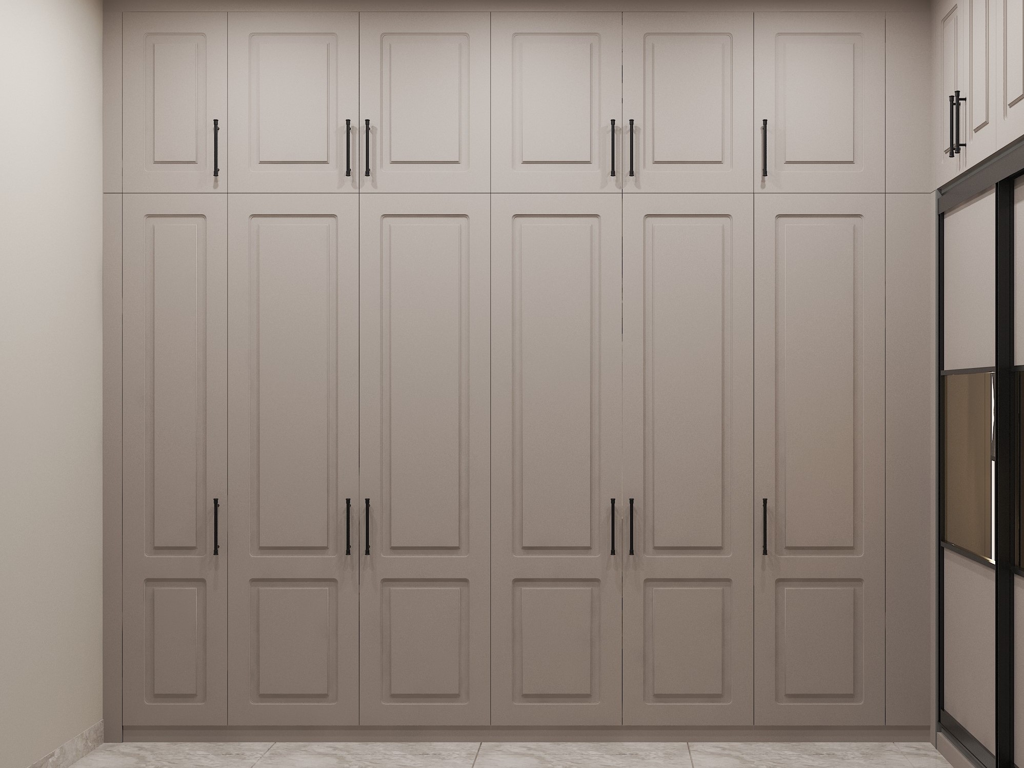 Beige wardrobe with panelled design and black handles - Beautiful Homes