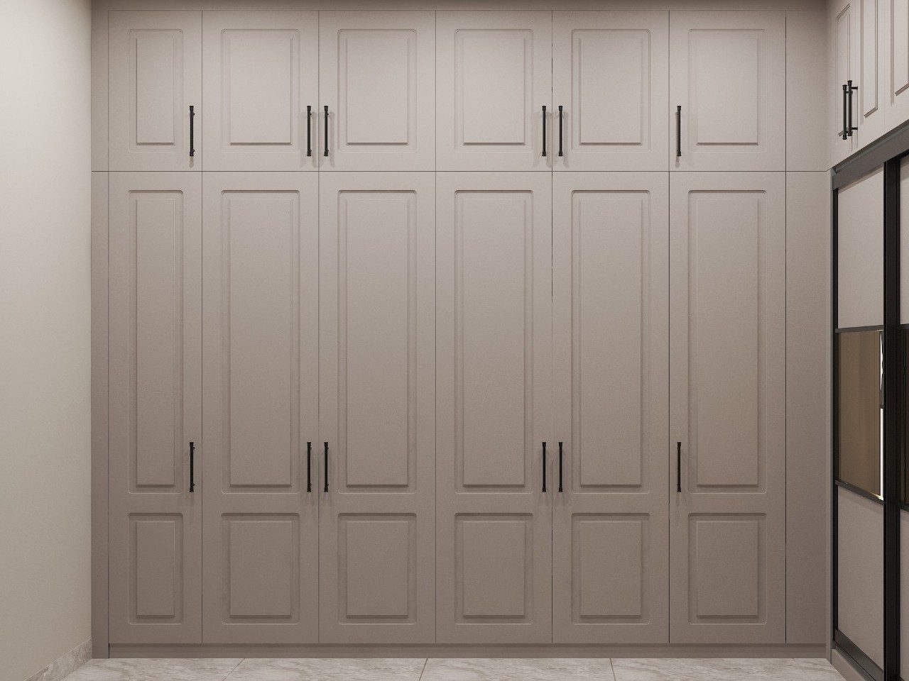 Beige wardrobe with panelled design and black handles - Beautiful Homes