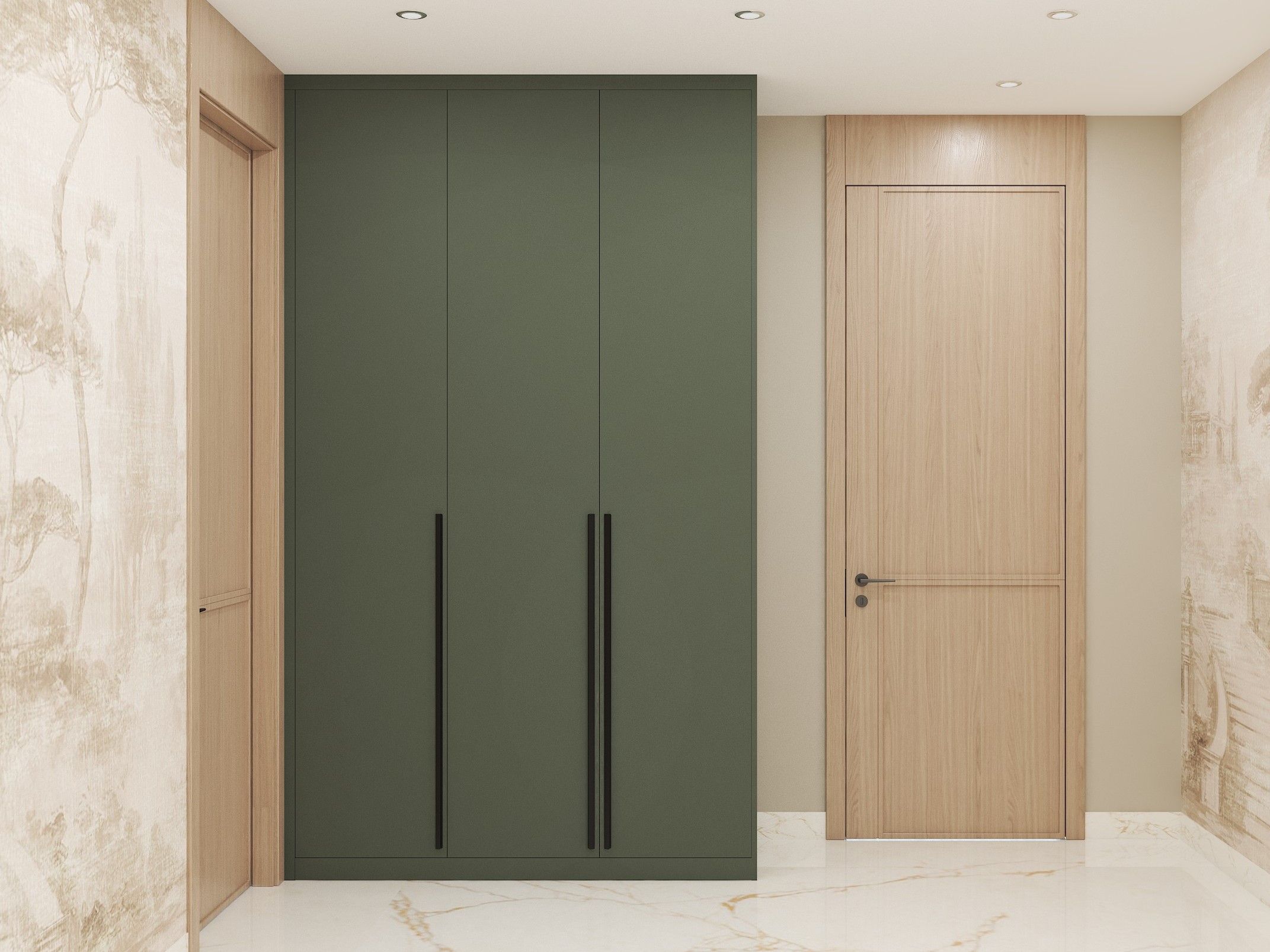Green wardrobe with black handles and wooden accents - Beautiful Homes