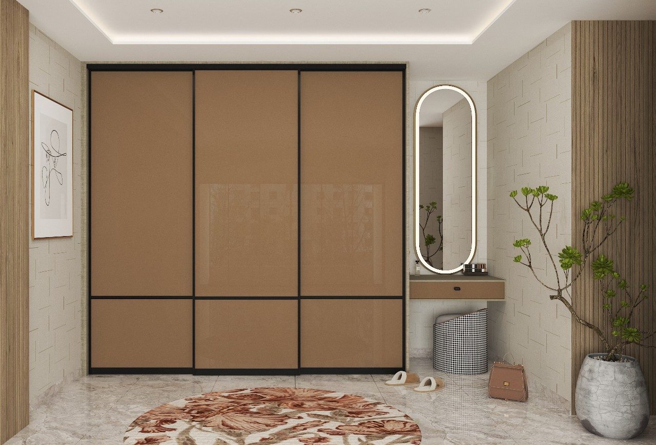 Modern sliding wardrobe with brown shutters and black frame - Beautiful Homes