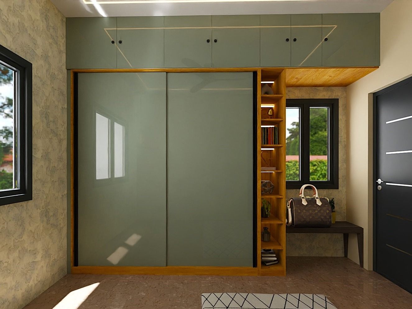 Contemporary room with a glossy sage green wardrobe and wooden accents - Beautiful Homes