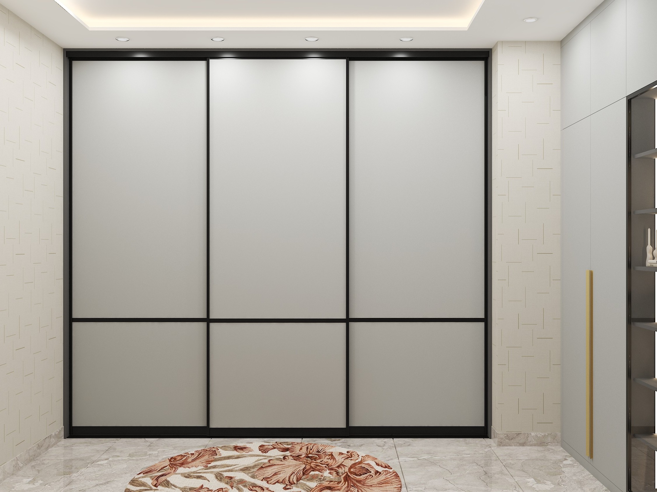 Gray sliding wardrobe with black frame and marble floor - Beautiful Homes