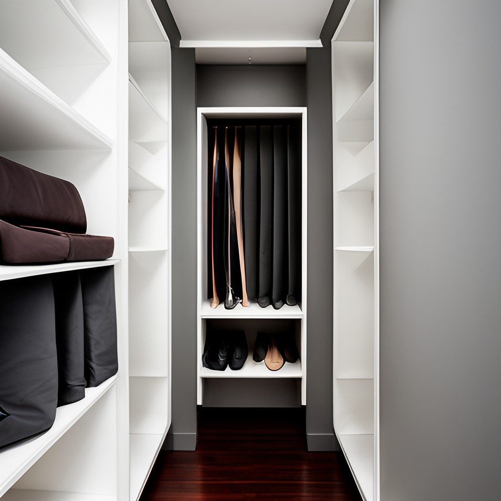 White and grey small walk in closet-BeautifulHomes