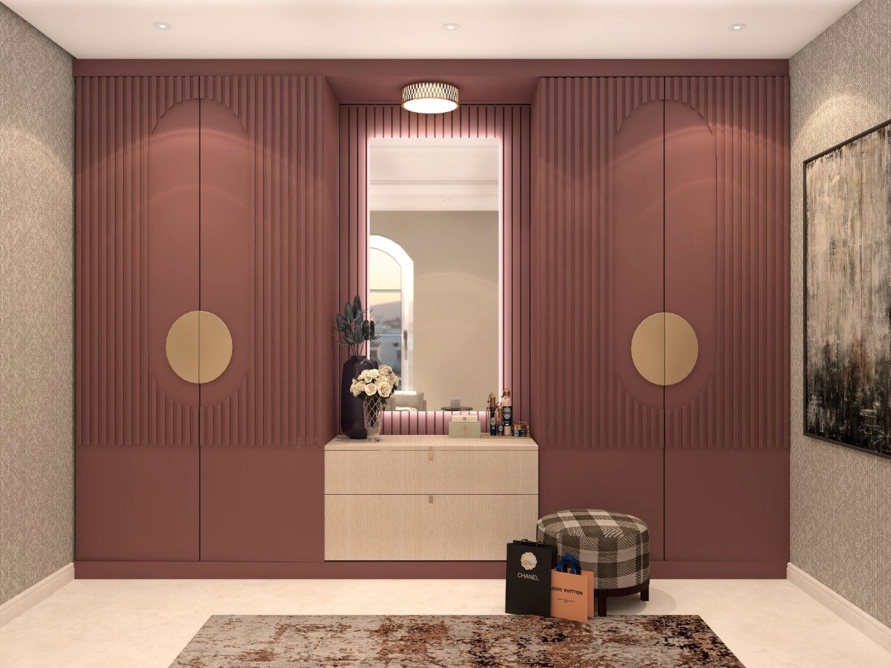 Modern Terracotta Colour Wardrobe Design with Central Dresser Unit - Beautiful Homes