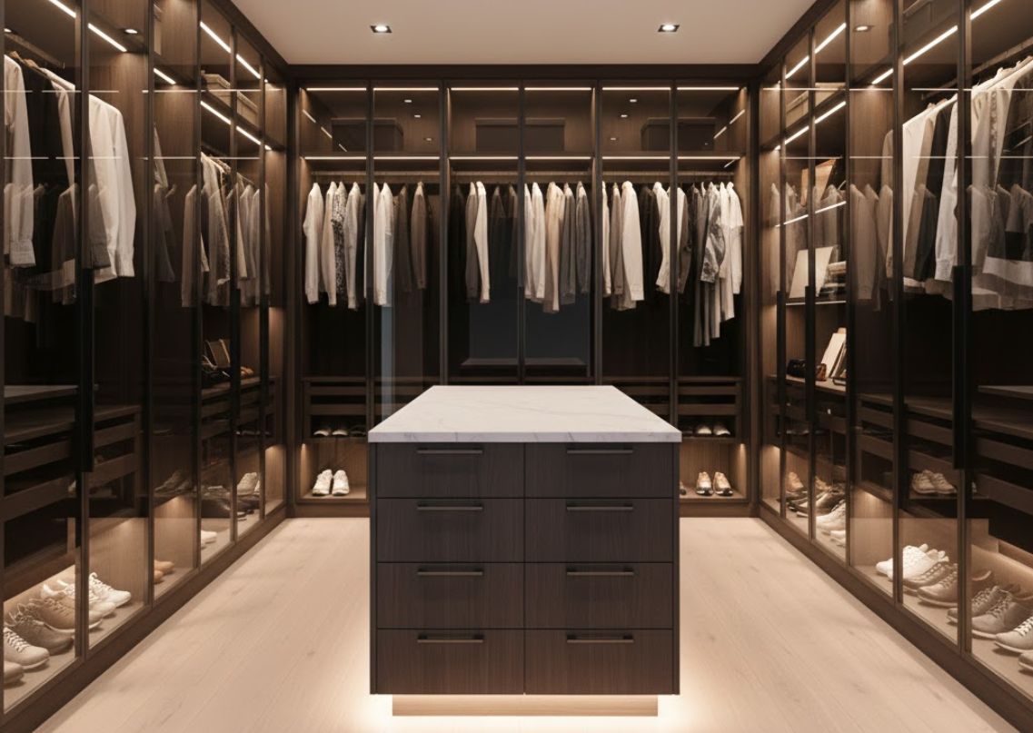Spacious walk-in wardrobe with glass doors and lighting - Beautiful Homes