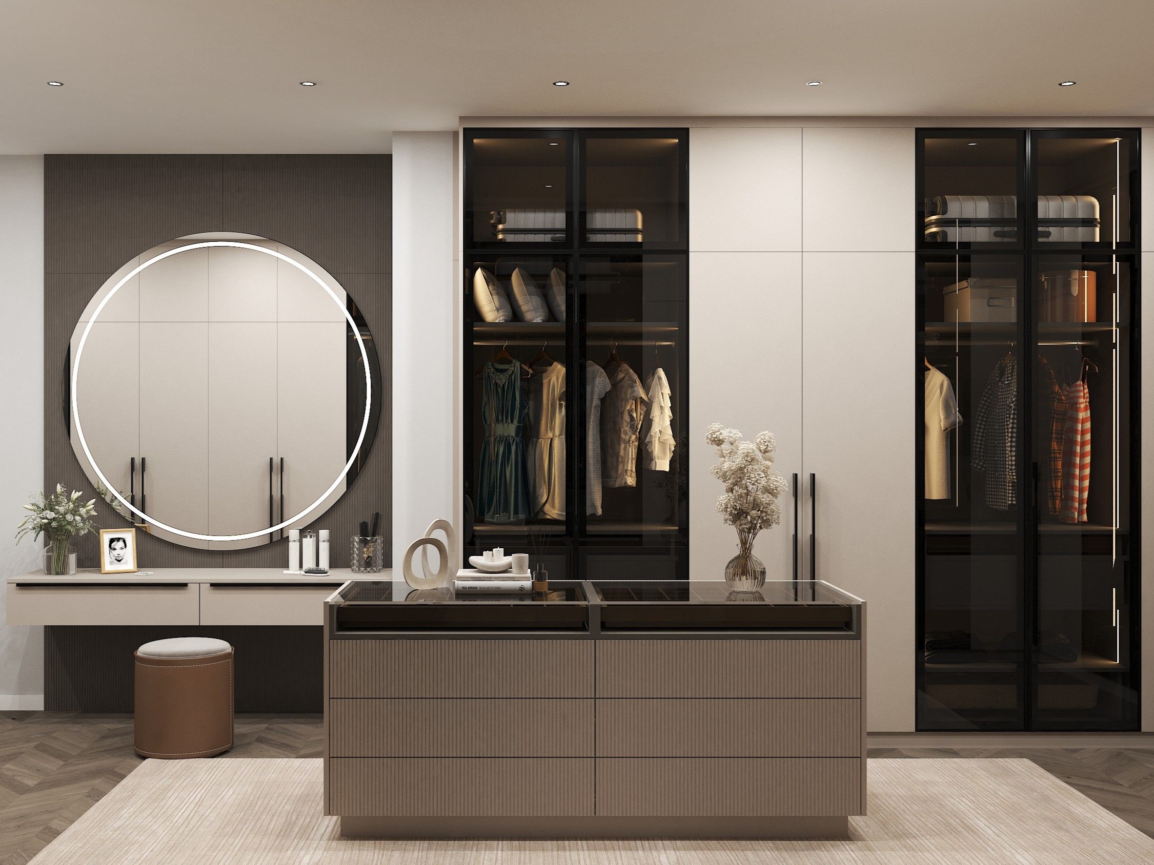 Stylish walk-in closet featuring a central island, illuminated vanity, and glass-fronted wardrobes - Beautiful Homes