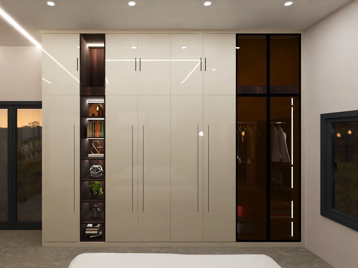 Ivory wardrobe with dark wood shelves and black tinted glass shutters - Beautiful Homes