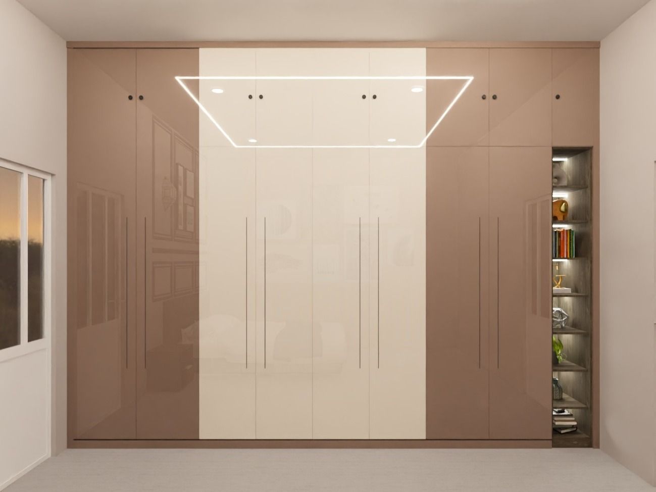 Floor-to-ceiling wardrobe with glossy panels, integrated lighting, and a decorative display unit - Beautiful Homes