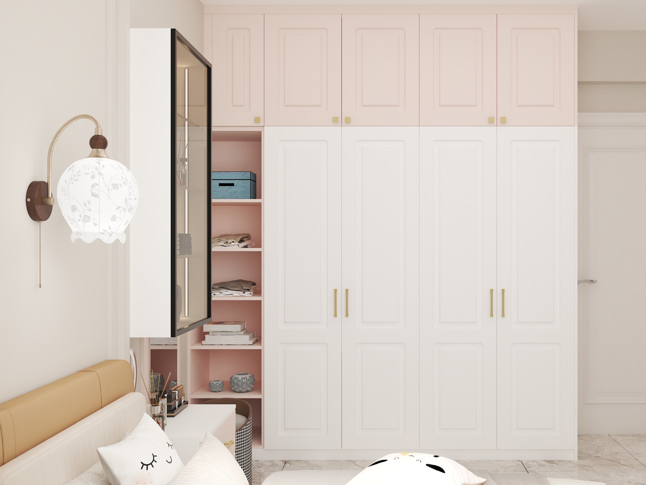 White wardrobe with loft and open shelves design - Beautiful Homes