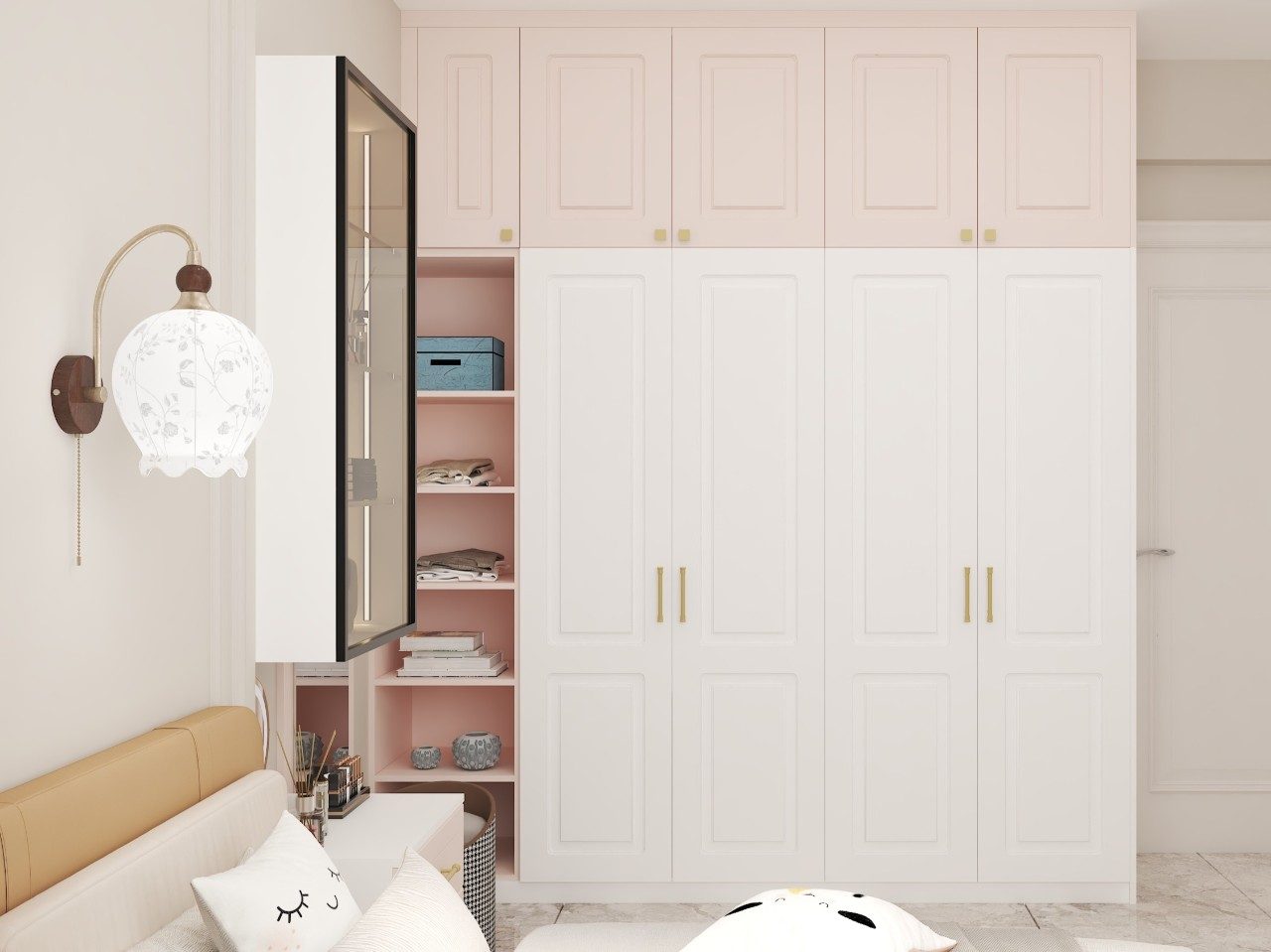 White wardrobe with loft and open shelves design - Beautiful Homes