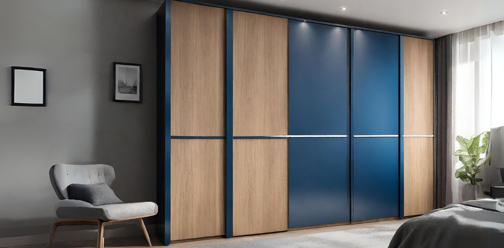 Modern wardrobe doors with metallic blue and wood-Beautiful Homes