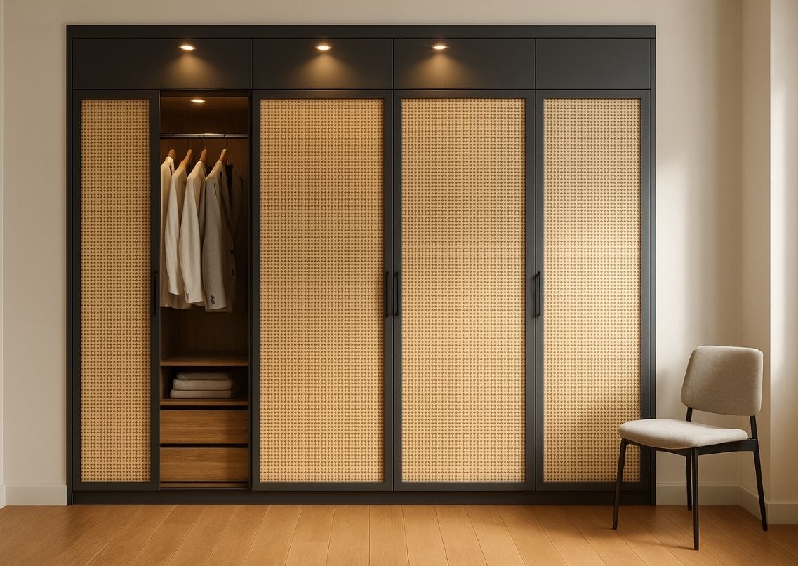 Textured wardrobe with black frame and warm lighting - Beautiful Homes
