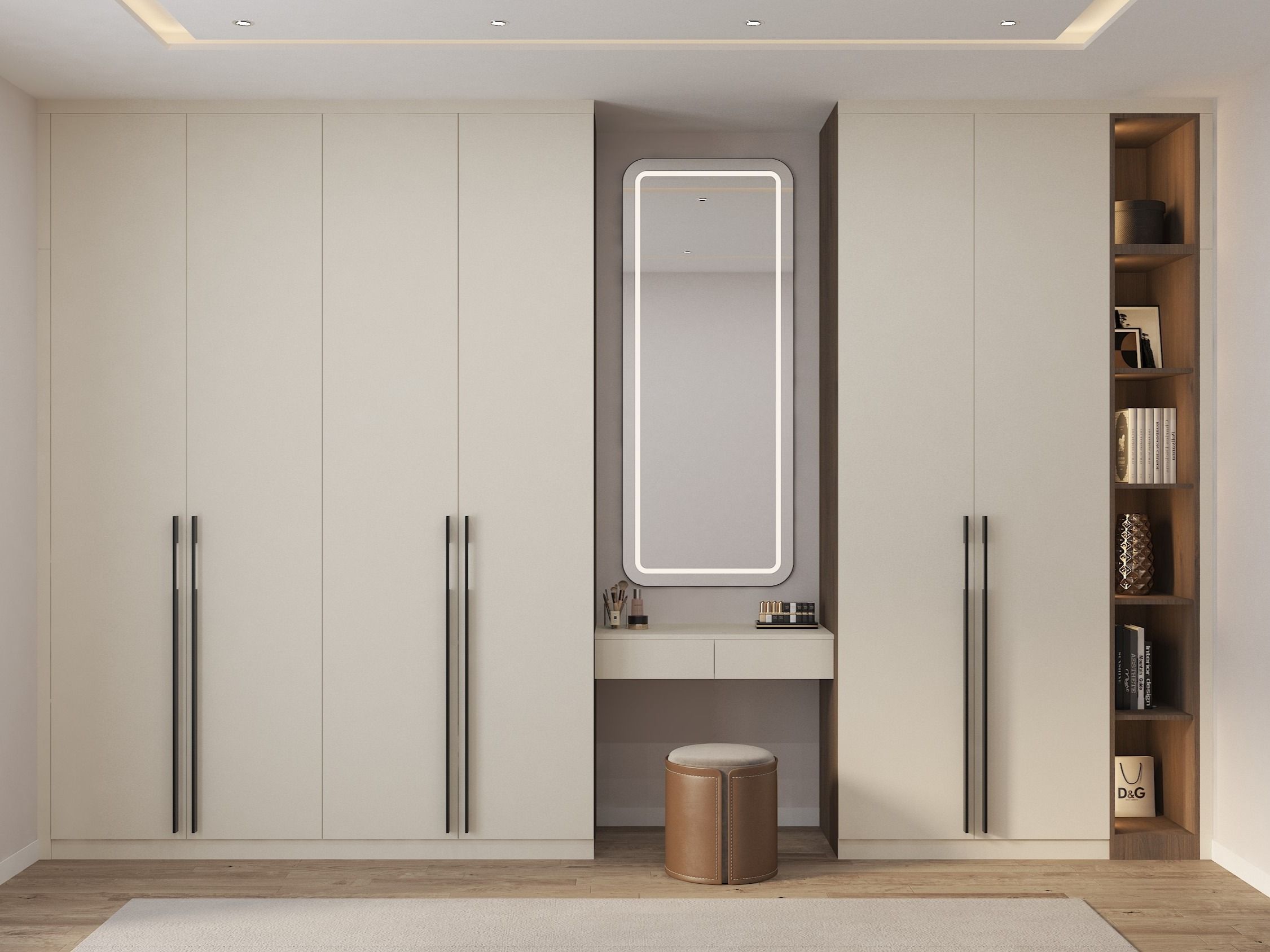 Contemporary wardrobe with integrated vanity and open shelving - Beautiful Homes