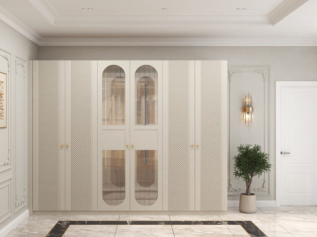White wardrobe with glass panels and gold accents - Beautiful Homes