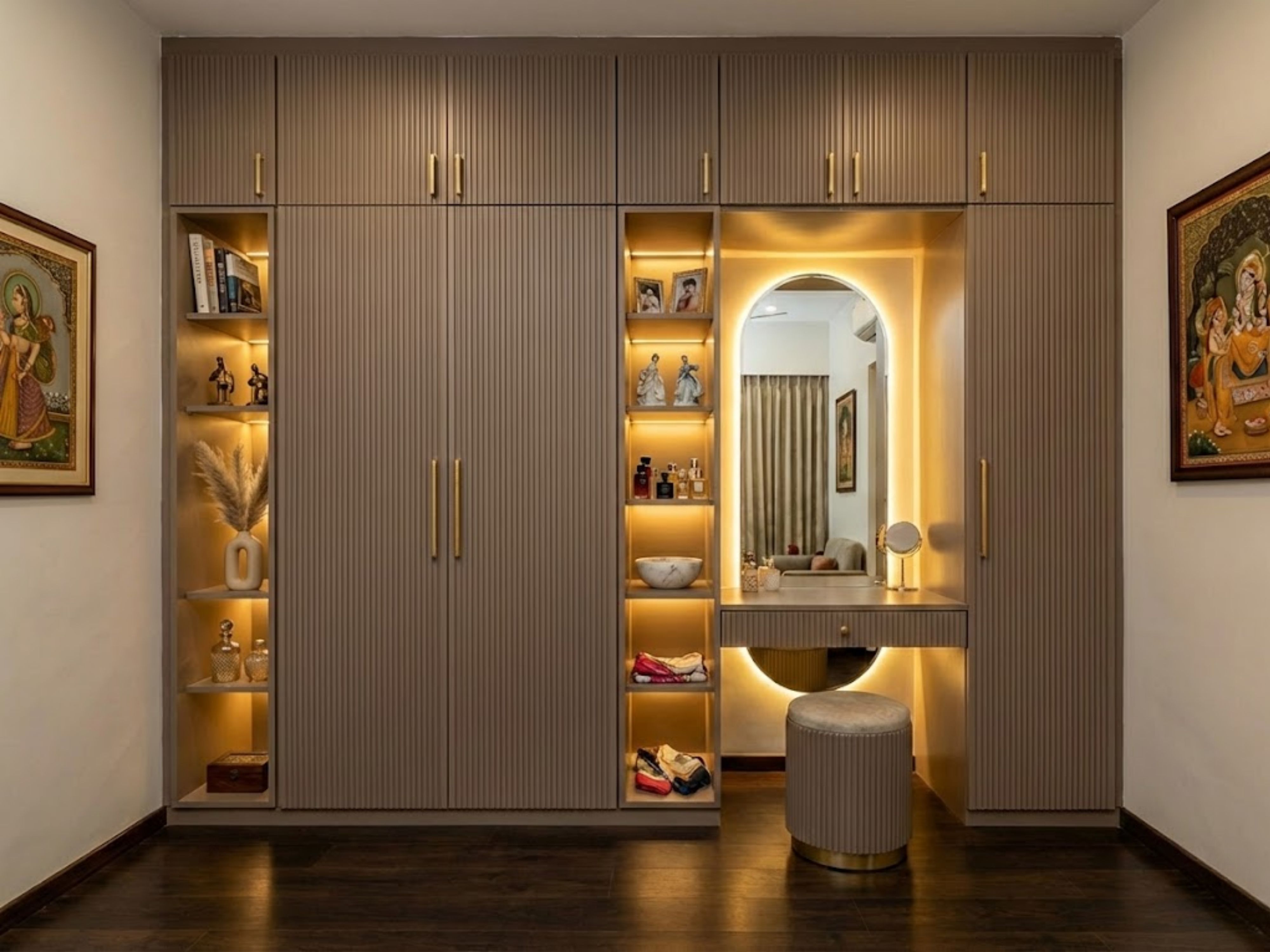Beige wardrobe with lighting and dressing area - Beautiful Homes