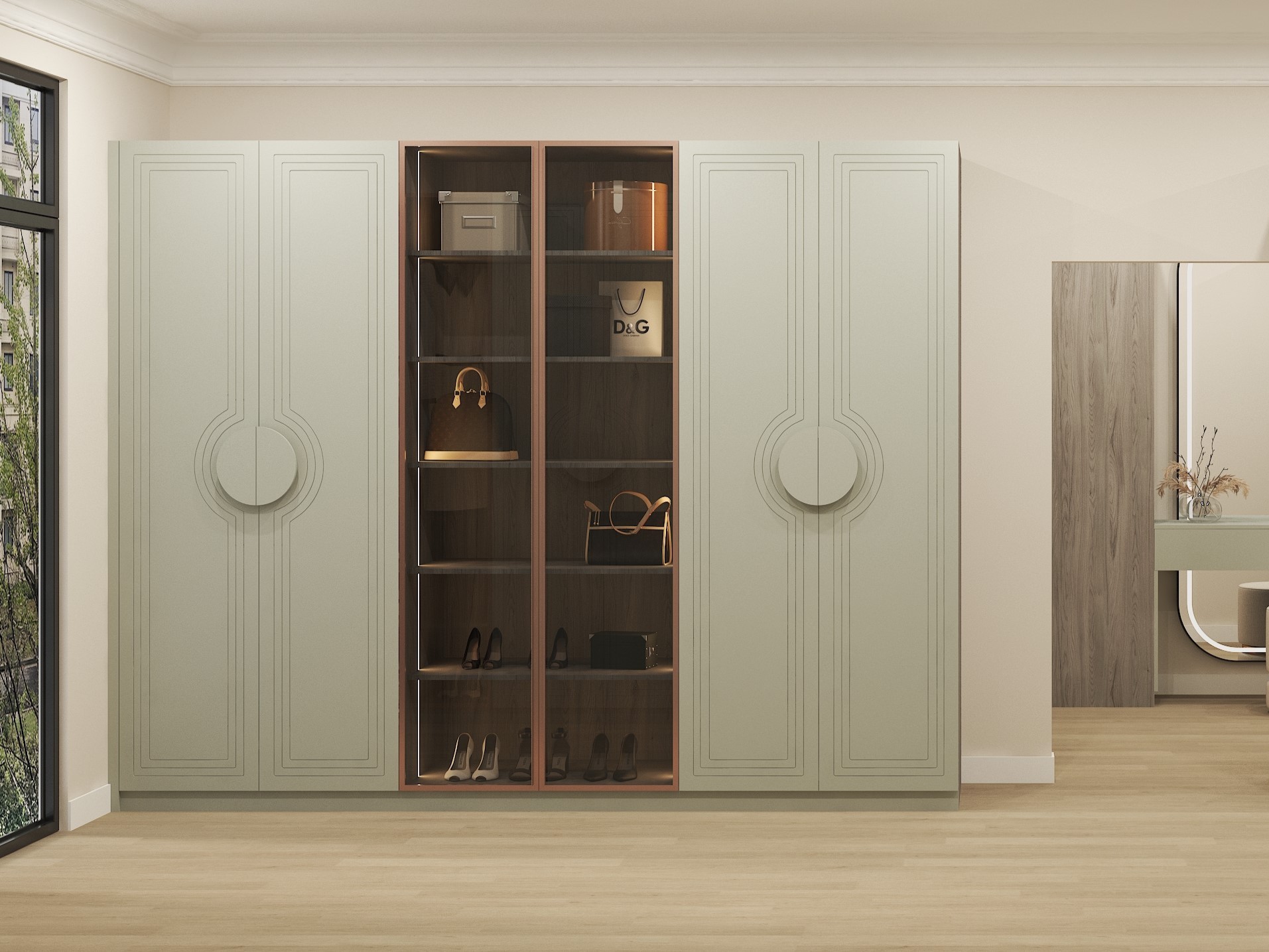 Contemporary wardrobe with green finish and open shelves - Beautiful Homes