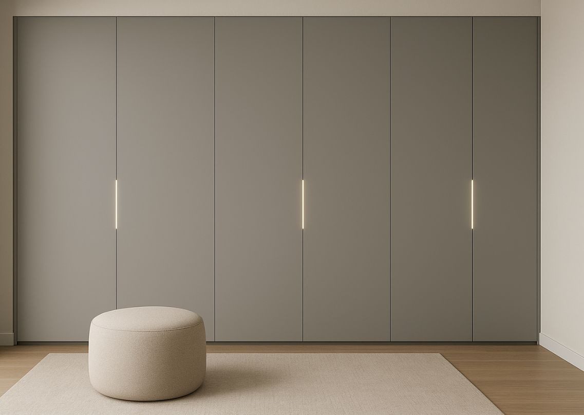 Grey matte wardrobe with integrated lighting handles - Beautiful Homes