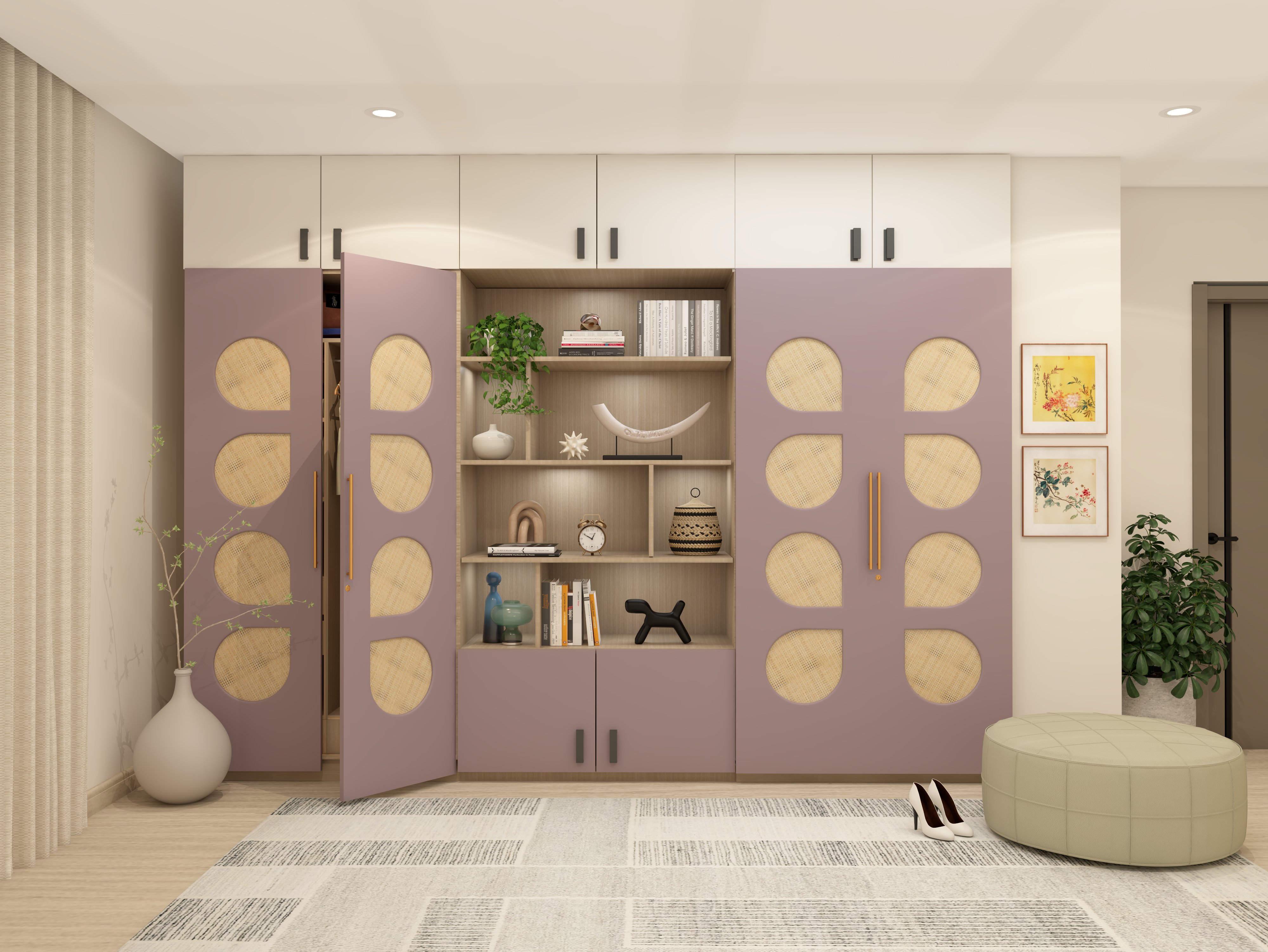 Modern wardrobe with lavender finish shutters and integrated open shelves - Beautiful Homes